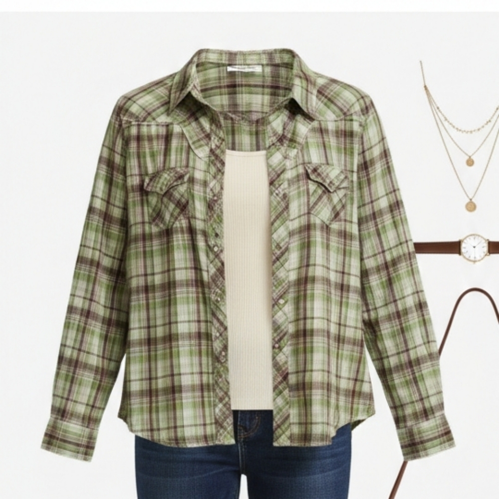 Cumberland Outfitters Women's Western Button Up Top GreenPlaid Cotton pearl snap